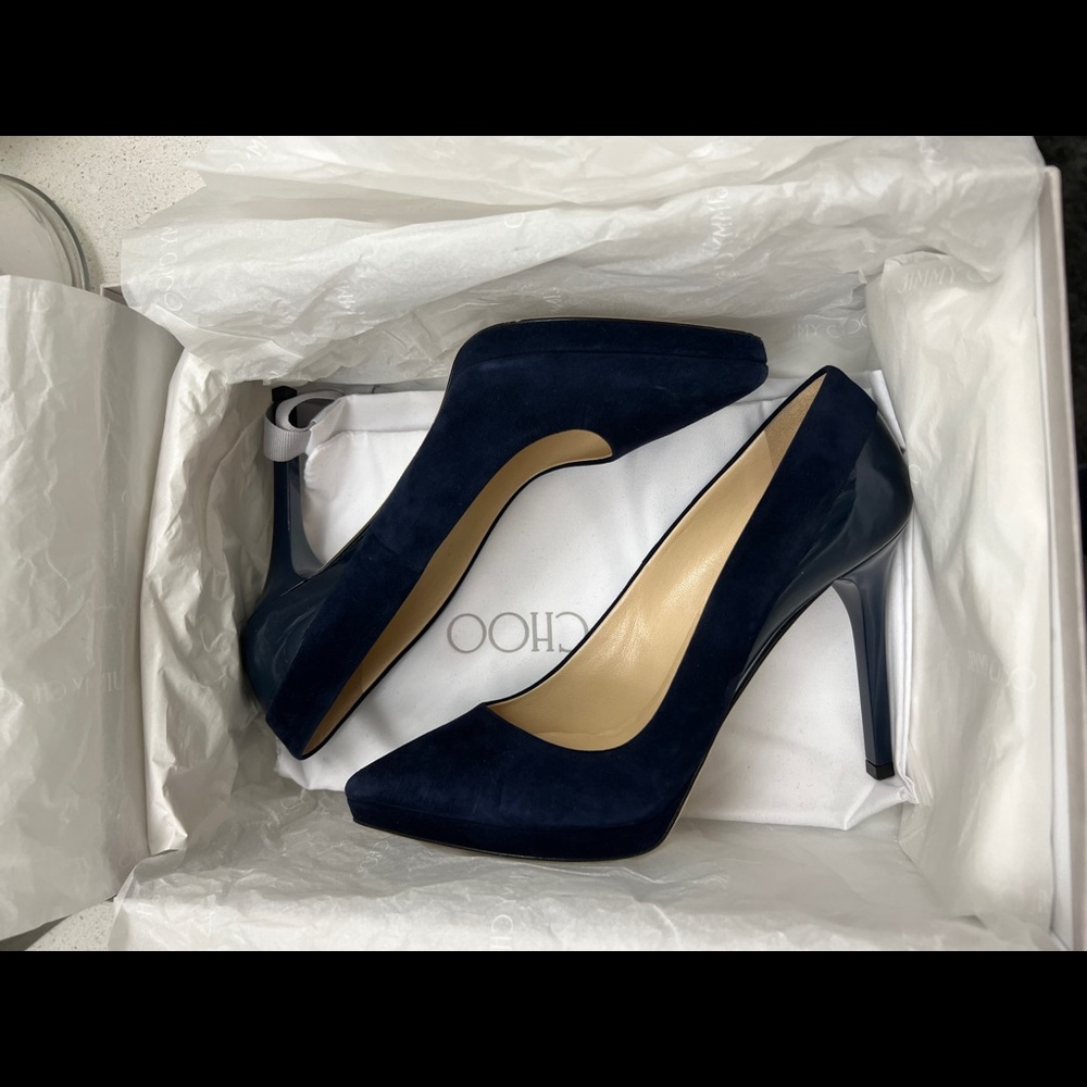 Jimmy Choo Rudy Suede Patent Navy Pumps 100mm